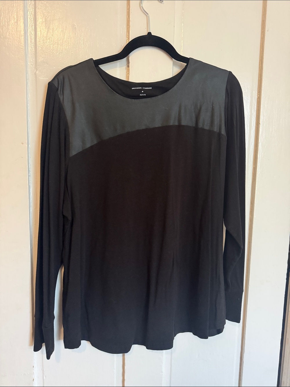 Universal Standard - Black Long Sleeve Crewneck Tee with Faux Leather Chest